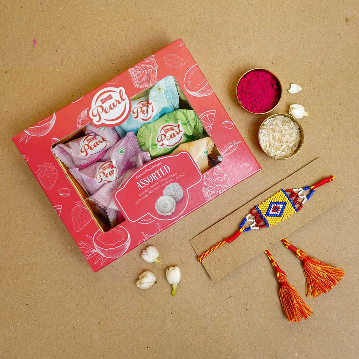 Handmade Beaded Heritage Rakhi With Roli Chawal - Rakhi with sweet gift box