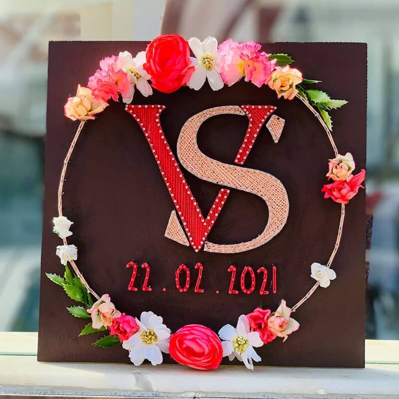 Wedding Couple Initials String Art With Floral Wreath - Front view with floral ring display