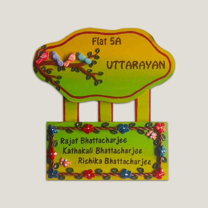 Handcrafted Personalised Bird Themed Name Plate - Front View Showing Personalization