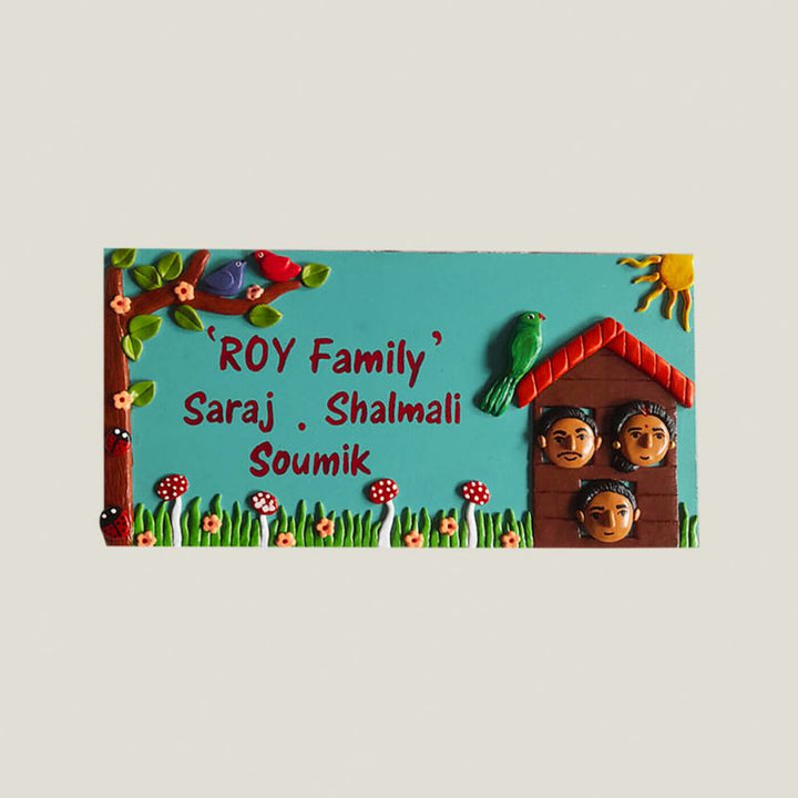 Handcrafted Personalised Mdf Name Plate For Family Of 3 - Front View with Name Personalization