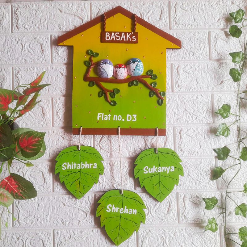 Handcrafted Personalised Leaf Themed Name Plate - Mounted on Wall with Name Personalization