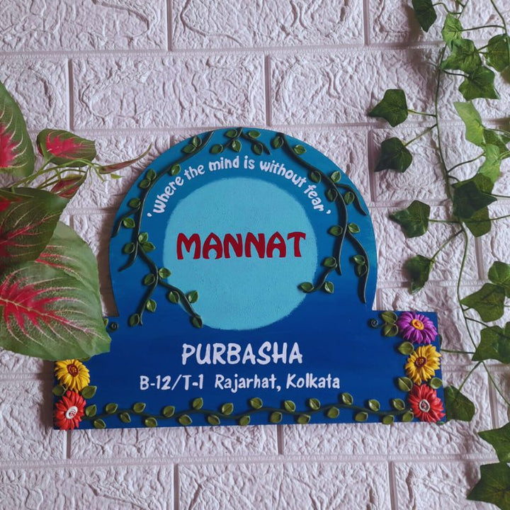 Handcrafted Personalised Floral Themed Name Plate 2 - Mounted on Wall with Surrounding Foliage