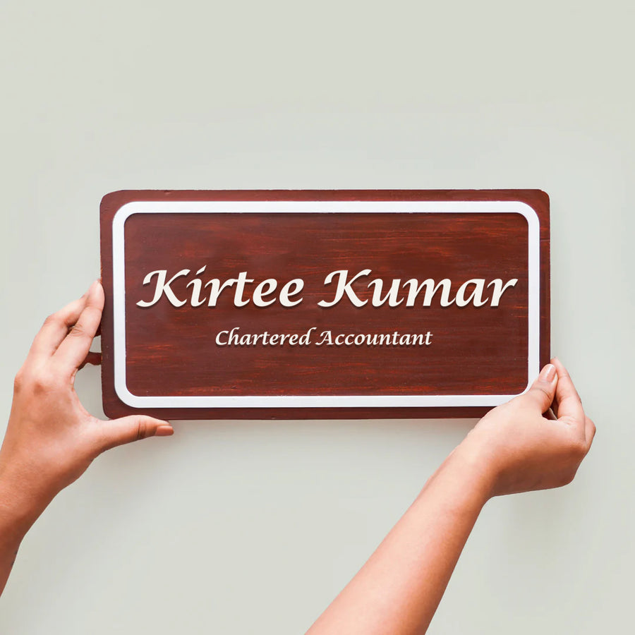 Handcrafted Personalized Distressed Pinewood Name Plate For Chartered Accountant - Personalization Example Held by Hands