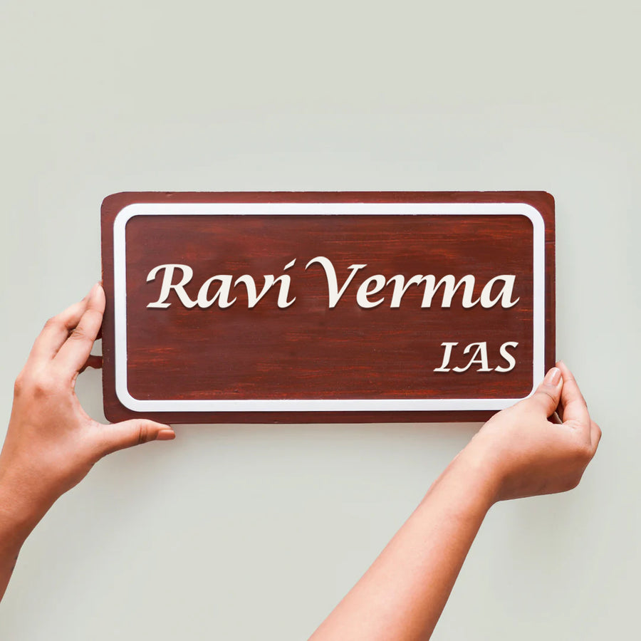 Handcrafted Personalized Distressed Pinewood Name Plate For Ias - Name Personalization Example Held by Hands