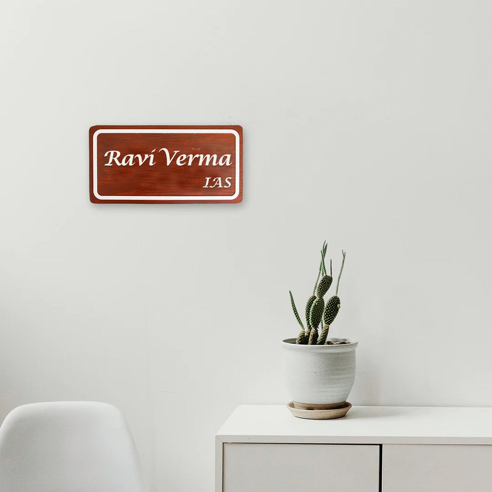 Handcrafted Personalized Distressed Pinewood Name Plate For Ias - Mounted on Wall with Table Scene