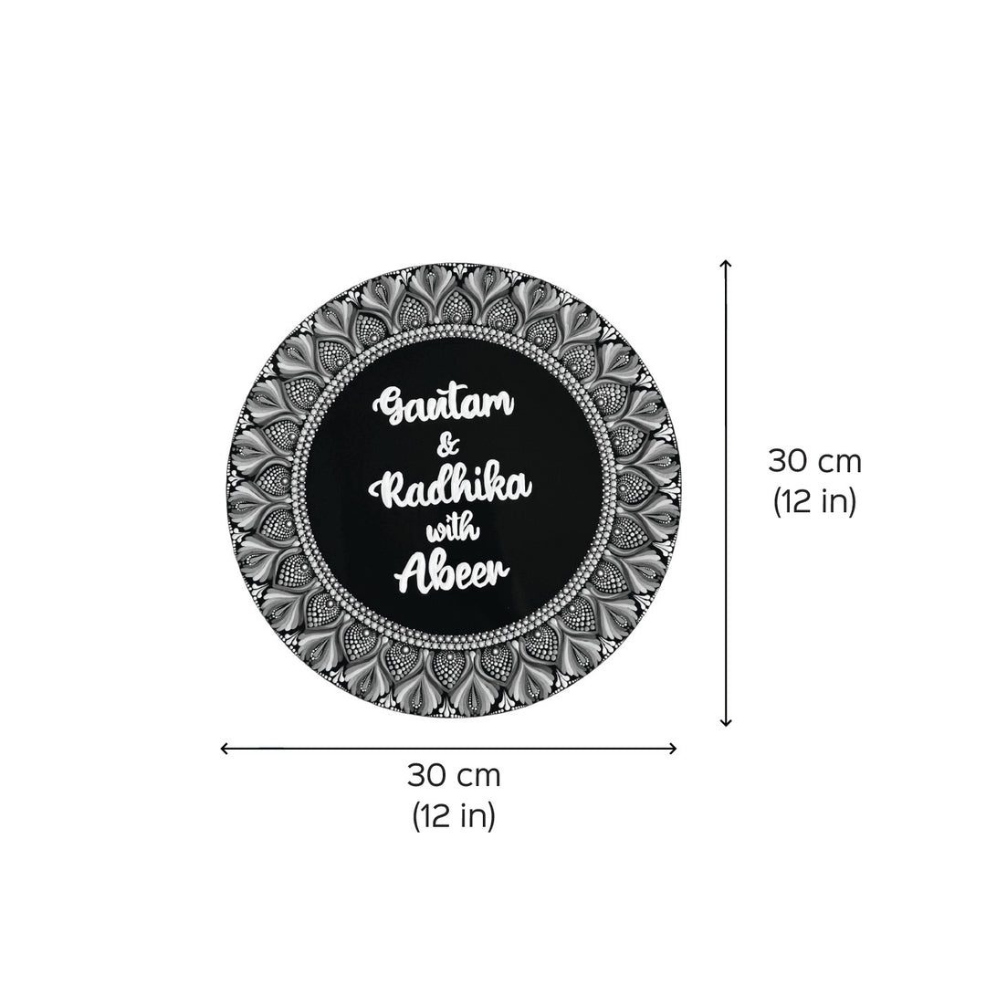 Personalized Handmade Circular Rainbow Dot Mandala Mdf Wood Name Plate - Front View with Dimensions