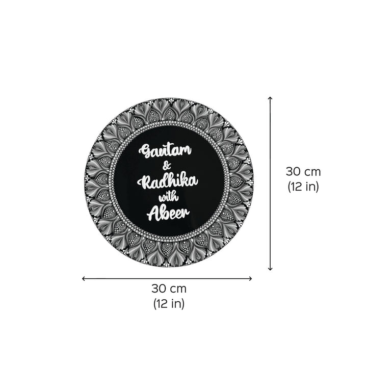 Personalized Handmade Circular Rainbow Dot Mandala Mdf Wood Name Plate - Front View with Dimensions