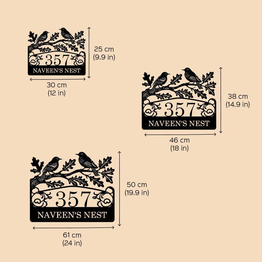 Personalized Laser Cut Birds Theme Steel Name Plate - Dimension Chart with Size Variants