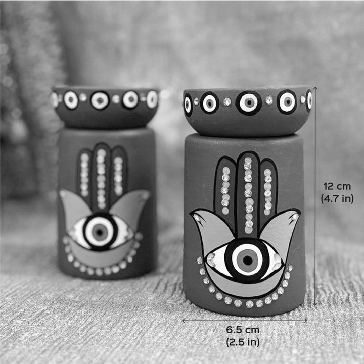 Hand-Painted Evil Eye Hamsa Hand Design Terracotta Tealight Holder | Set Of 2