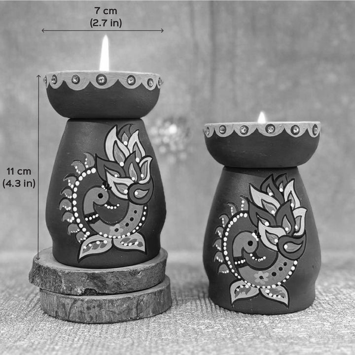 Hand-Painted Bengali Couple Theme Terracotta Tealight Holder | Set Of 2