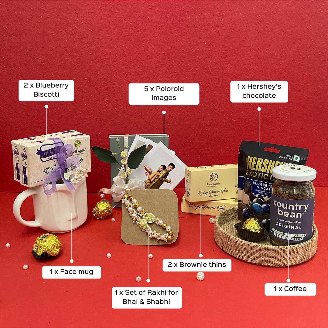 Photo Personalized Handmade Crumbs And Chaos Rakhi Hamper Includes 1 Mug 2 Biscotti 5 Photos 2 Brownies 1 Marble Lotus 1 Chocolate 1 Coffee And 1 Set Bhaiya Bhabhi Rakhi - Labeled Product Components