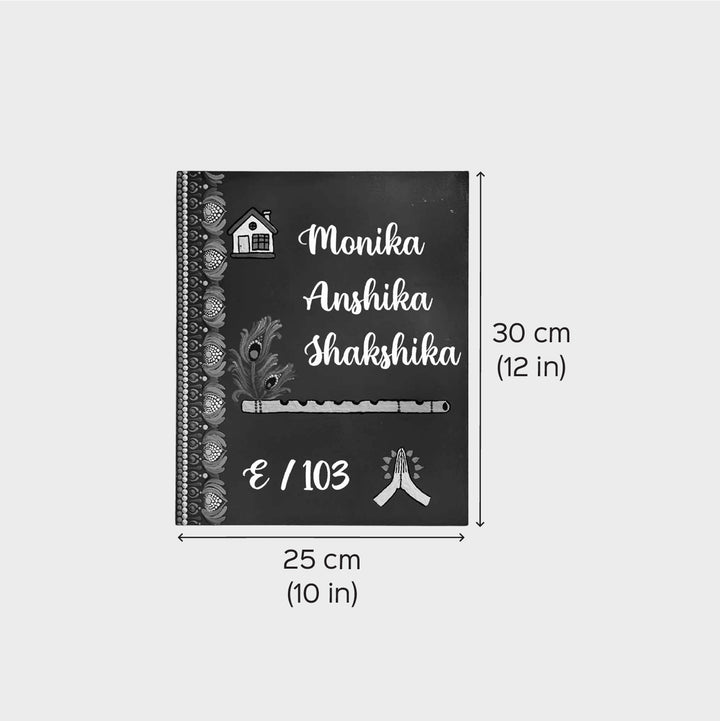 Personalized Hand Painted Flute Theme Mdf Wood Vertical Name Plate - Dimension Chart with Names and Icons