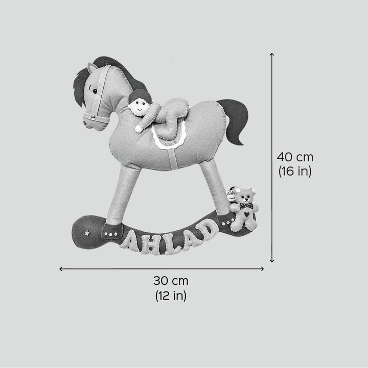 Personalized Baby On Horse Felt Kids Name Plate - Dimension Chart with Front View