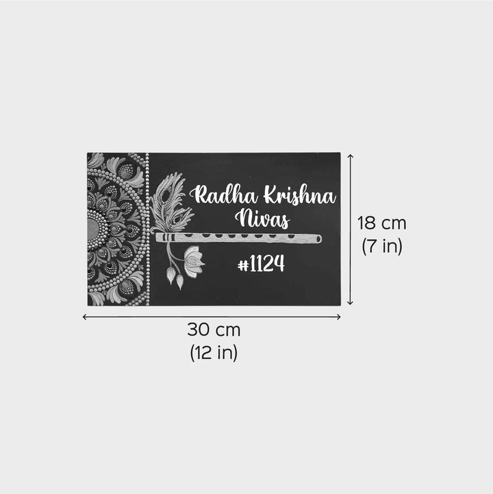Personalized Hand Painted Rectangle Flute Theme Mdf Wood Vernacular Name Plate - Dimension Chart with Artwork and Text