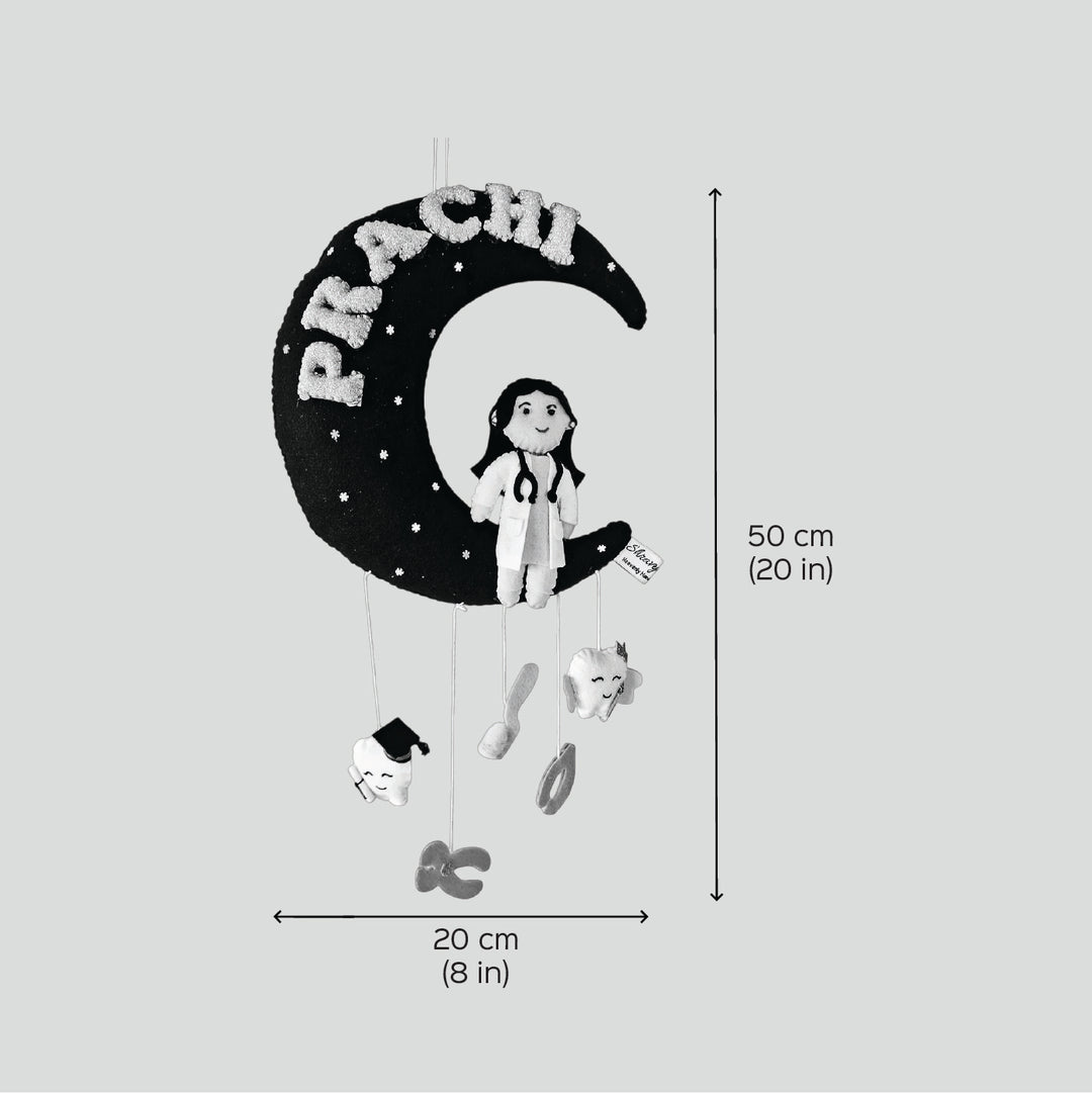 Personalized Doctor On Moon Felt Kids Name Plate For Kids - Dimension Chart with Hanging View