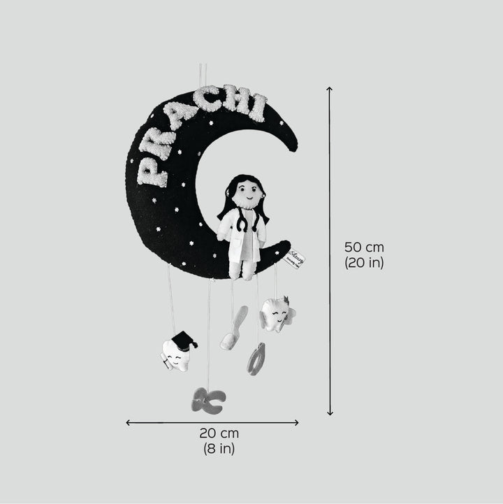 Personalized Doctor On Moon Felt Kids Name Plate For Kids - Dimension Chart with Hanging View