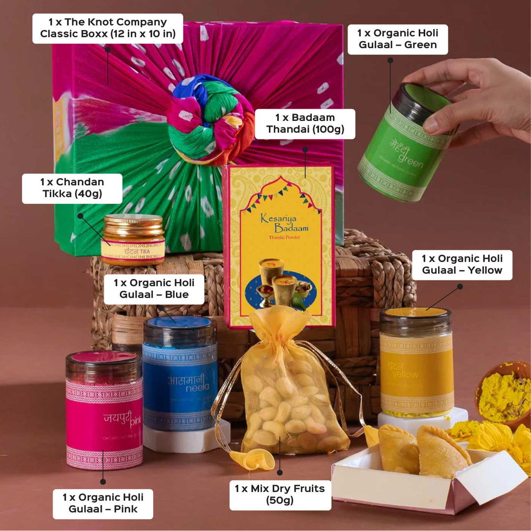 Hueful Holi Gift Hamper | Includes 1 Gujiya Pack, 1 Roasted Mix Dry Fruits, 1 Chandan Tika, 1 Kesariya Badaam Thandai, 4 Holi Colors, 1 Gift Box