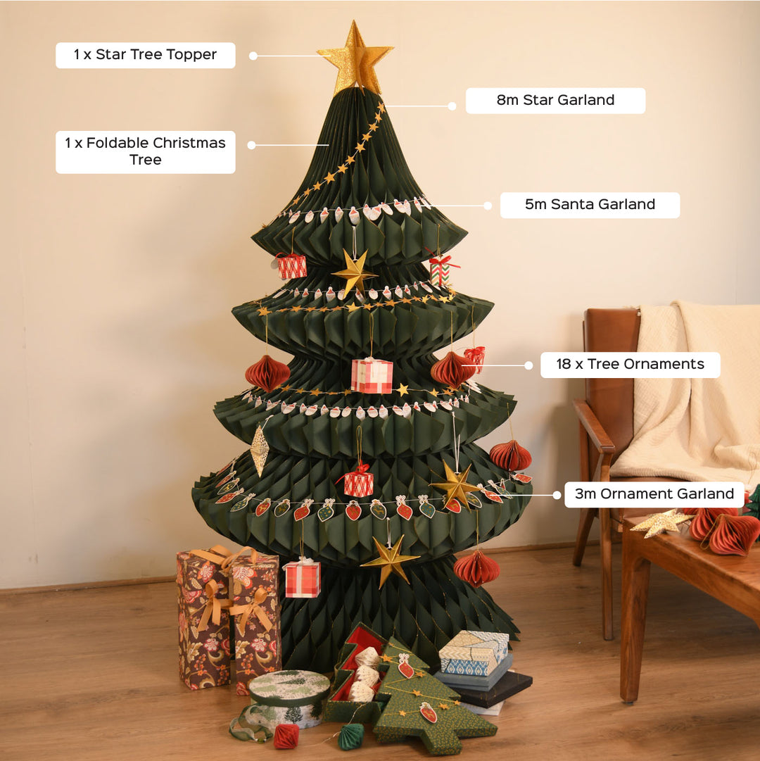 5 Feet | Foldable Christmas Tree With Decor | 8M Star Garland | 5M Santa Garland | 3M Ornament Garland | 18 Pc Tree Ornaments | 1 Pc Star Topper