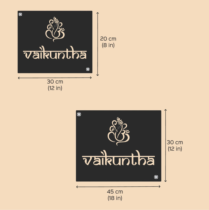 Personalized Laser Cut Ganesha Theme Steel Name Plate - Dimension Chart with Two Sizes