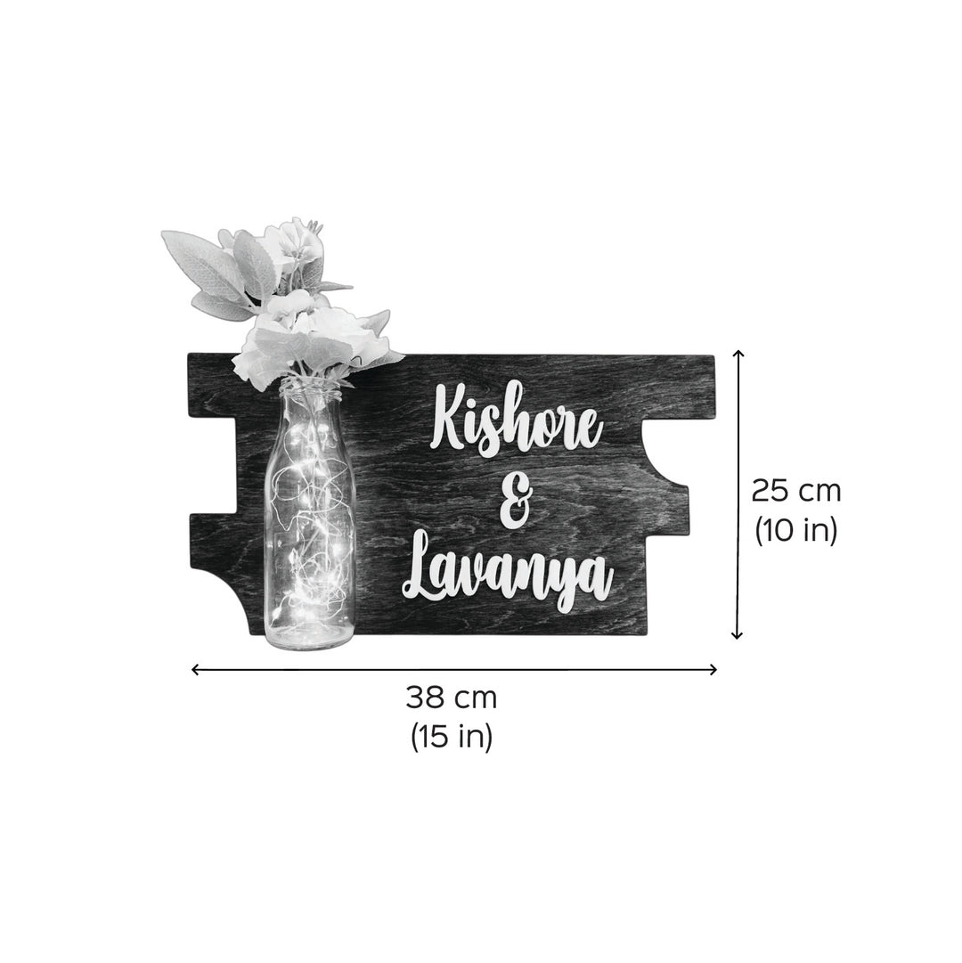 Personalized Quirky Birch Wood Name Plate With Led Lights - Front View with Dimensions and Vase