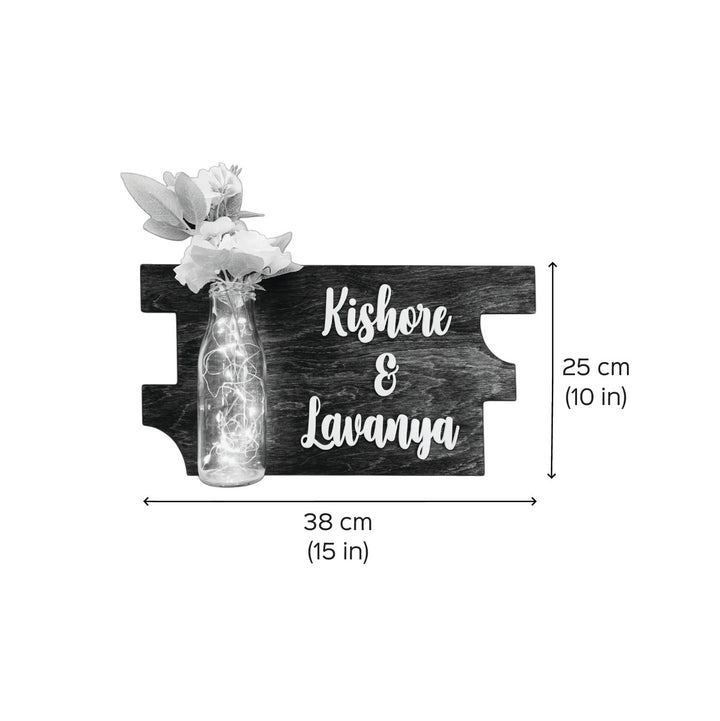 Personalized Quirky Birch Wood Name Plate With Led Lights - Front View with Dimensions and Vase