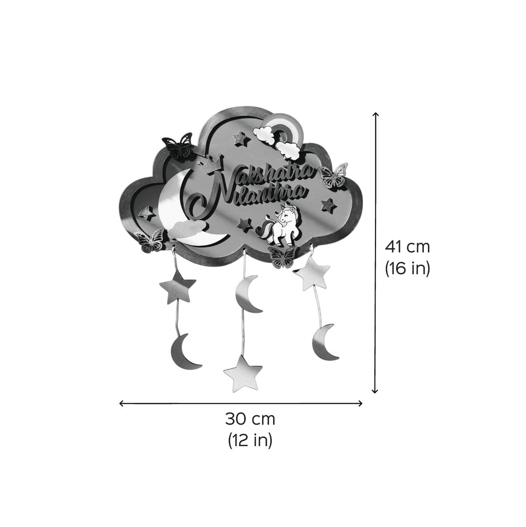 Personalized Pink Cloud Shaped Wooden Name Plate For Kids - Front View with Dimensions