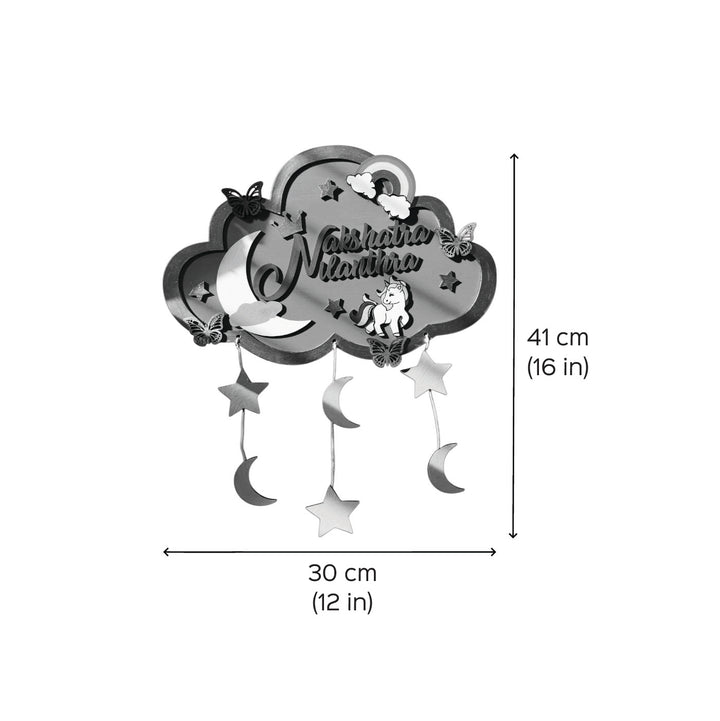 Personalized Pink Cloud Shaped Wooden Name Plate For Kids - Front View with Dimensions