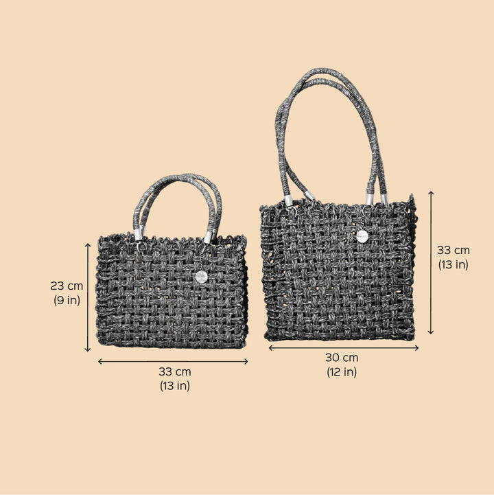 Handmade Grass Woven Vegan Wrapped Rope Handles With Metal Accents Black Sabai Mesh Handbag
