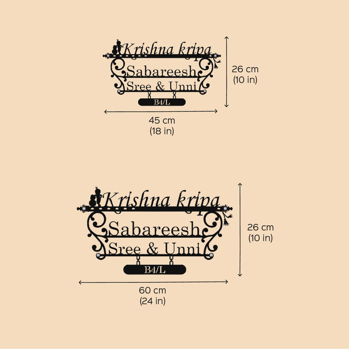 Personalized Laser Cut Little Krishna Theme Steel Name Plate - Dimension Chart with Two Sizes