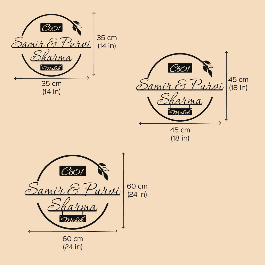 Personalized Laser Cut Round Leaf Design Steel Name Plate - Dimension Chart with Sizes