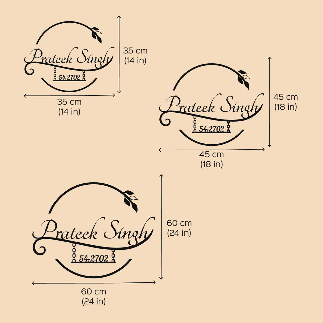 Personalized Laser Cut Elegant Design Steel Name Plate 1 - Dimension Chart with Measurements