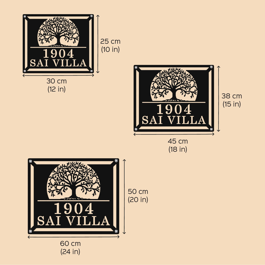 Personalized Laser Cut Tree Of Life Theme Steel Name Plate - Dimension Chart with Multiple Sizes