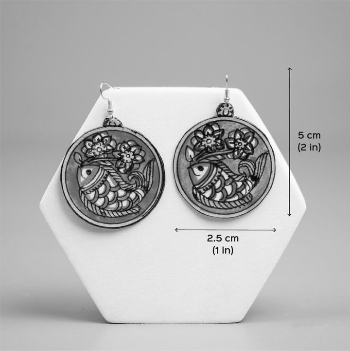 Hand-Painted Round Fish Theme Leather Earrings
