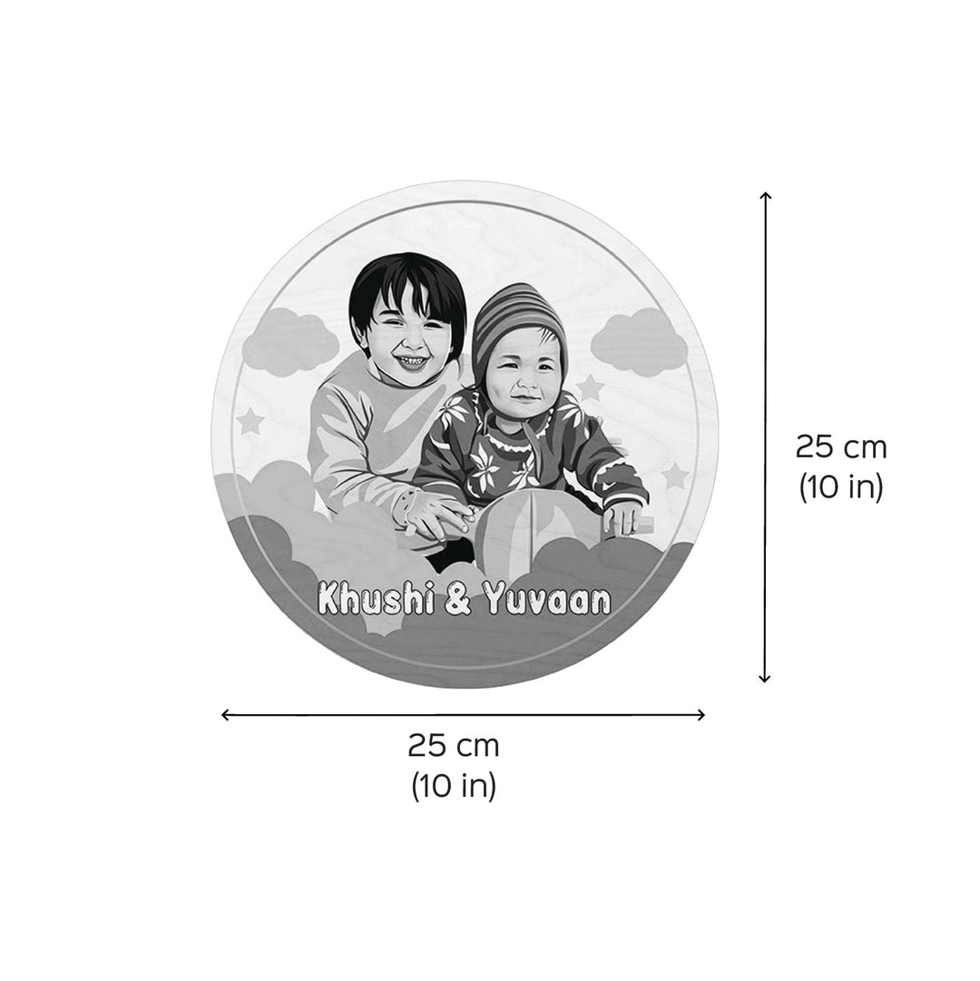 Kids Circular Characters Wooden Nameplate For Siblings - Front view with dimensions and personalization