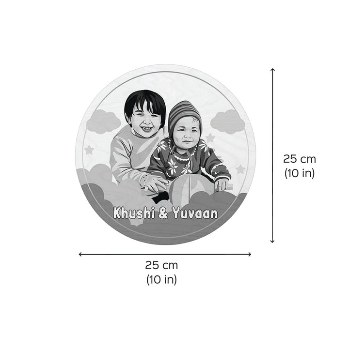 Kids Circular Characters Wooden Nameplate For Siblings - Front view with dimensions and personalization