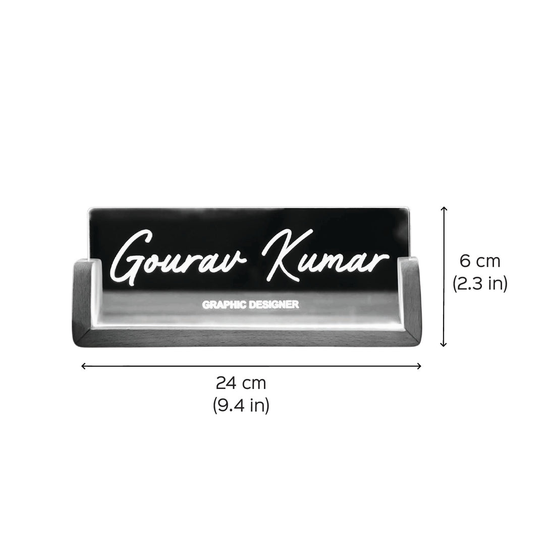 Personalized Printed Sleek Glass And Wood Nameplate With Led Light - Dimension Chart Front View