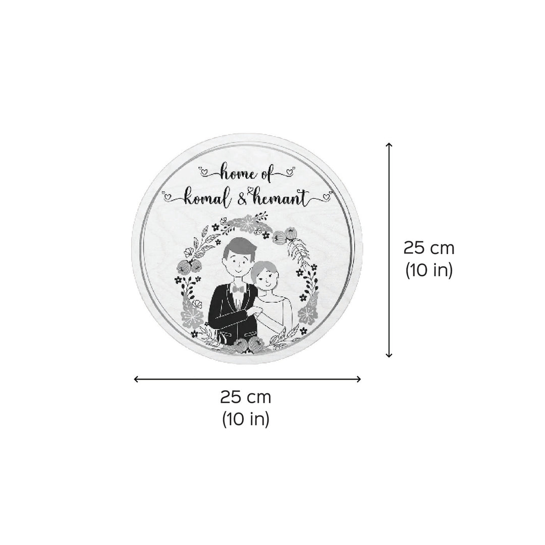 Printed Multicolour Floral Wooden Round Nameplate For Couples - Dimension Chart with Personalization