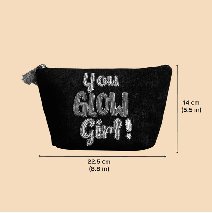 Personalized Handmade Embroidered Blue And Pink Velvet Pouch