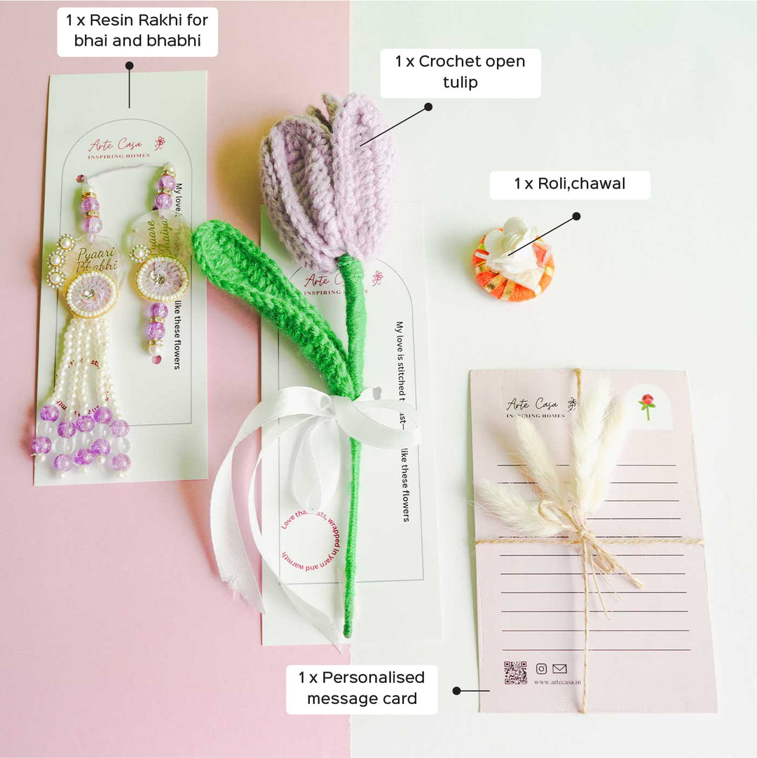 Personalized Handmade Crochet Tulip Light Purple Rakhi Hamper Includes 1 Crochet Flower 1 Message Card And 2 Rakhis And Roli Chawal - Labeled Product Components