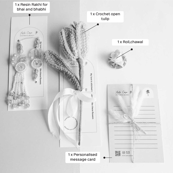 Personalized Handmade Crochet Tulip Dark Purple Rakhi Hamper Includes 1 Crochet Flower 1 Message Card And 2 Rakhis And Roli Chawal - Labeled Product Components Explanation