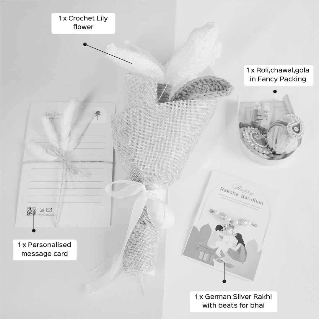 Personalized Handmade Crochet White Lily Rakhi Hamper Includes 1 Crochet Flower 1 Message Card And 1 Rakhi And Roli Chawal - Labeled Components Layout