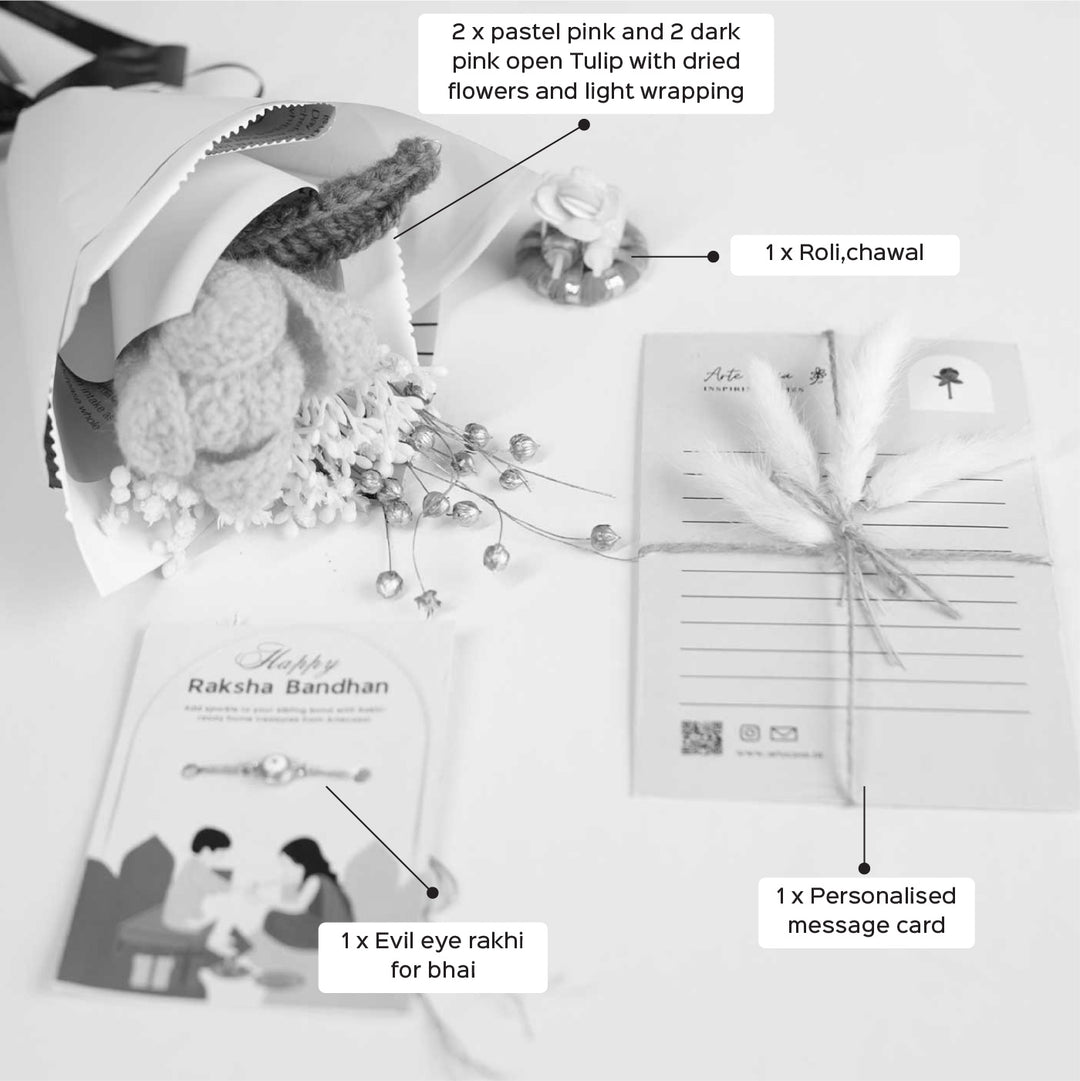 Personalized Handmade Crochet Pretty Pansy Rakhi Hamper Includes 1 Crochet Flower Bunch 1 Message Card And 1 Rakhi And Roli Chawal - Labeled Product Contents Layout