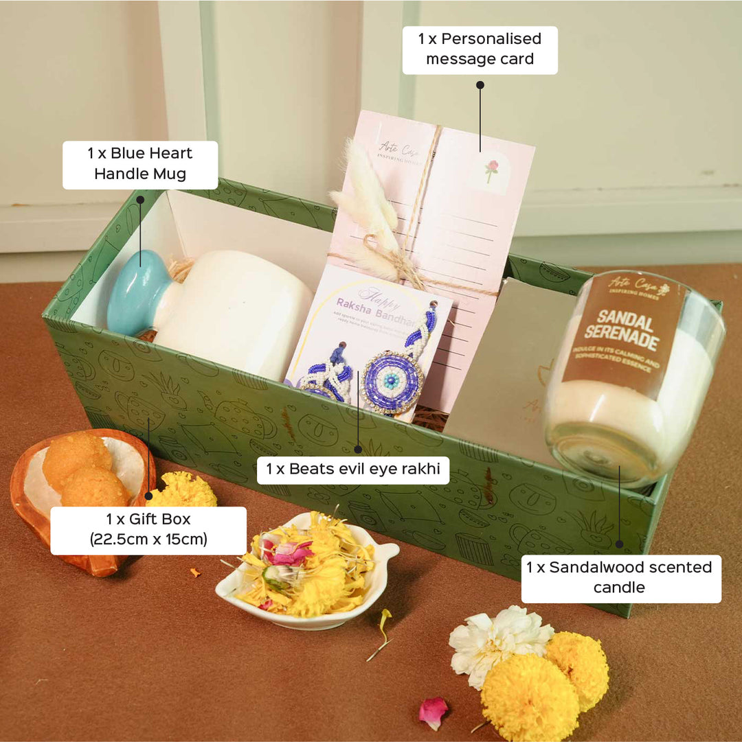 Personalized Handmade Chai Lover Theme Rakhi Hamper Includes 1 Gift Box 1 Mug 2 Rakhis 1 Roli Chawal 1 Candle And 1 Message Card - Labeled Gift Set Contents