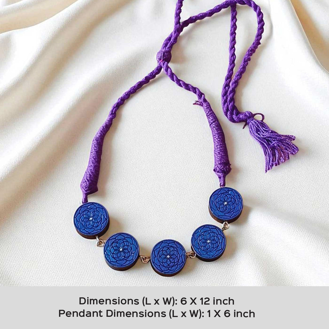 Handmade Blue Round Floral Wooden Necklace