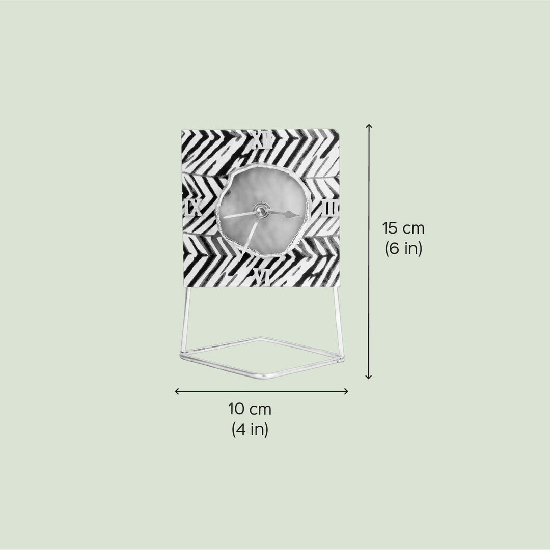 Black And White Square Cotton Fabric Coated MDF Desk Clock With Agate Accent | 6 x 4 x 3.5 inch