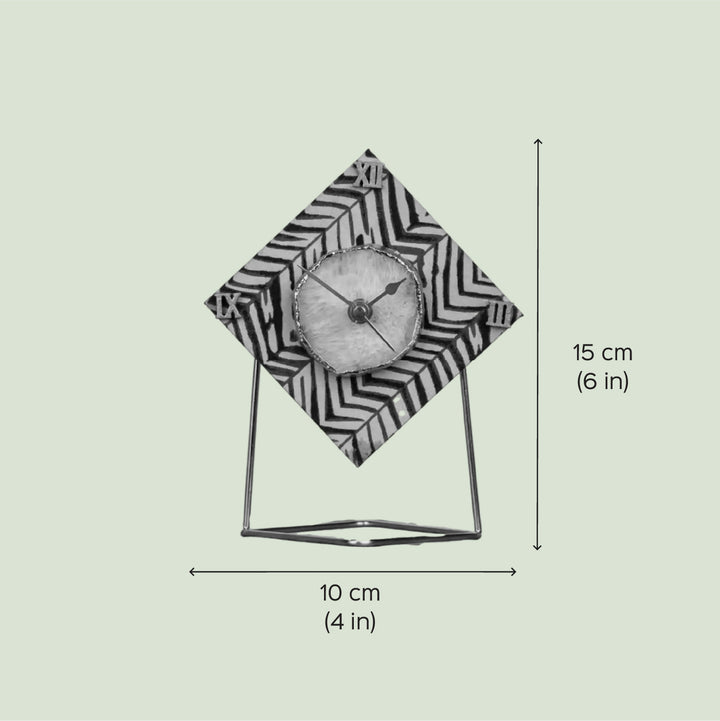 Black And White Diamond Cotton Fabric Coated MDF Desk Clock With Agate Accent | 6 x 4 x 3.5 inch