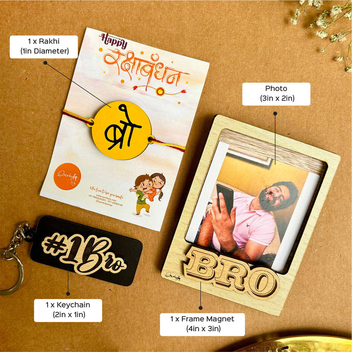 Photo Personalized Cute Rakhi Hamper For Brother Includes 1 Rakhi 1 Keychain And 1 Fridge Magnet - Dimension Chart with Labels