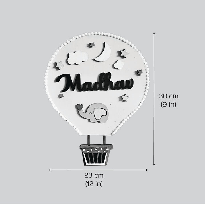 Personalized Hand Painted Hot Air Balloon Mdf Wood Kids Name Plate - Front View with Dimensions