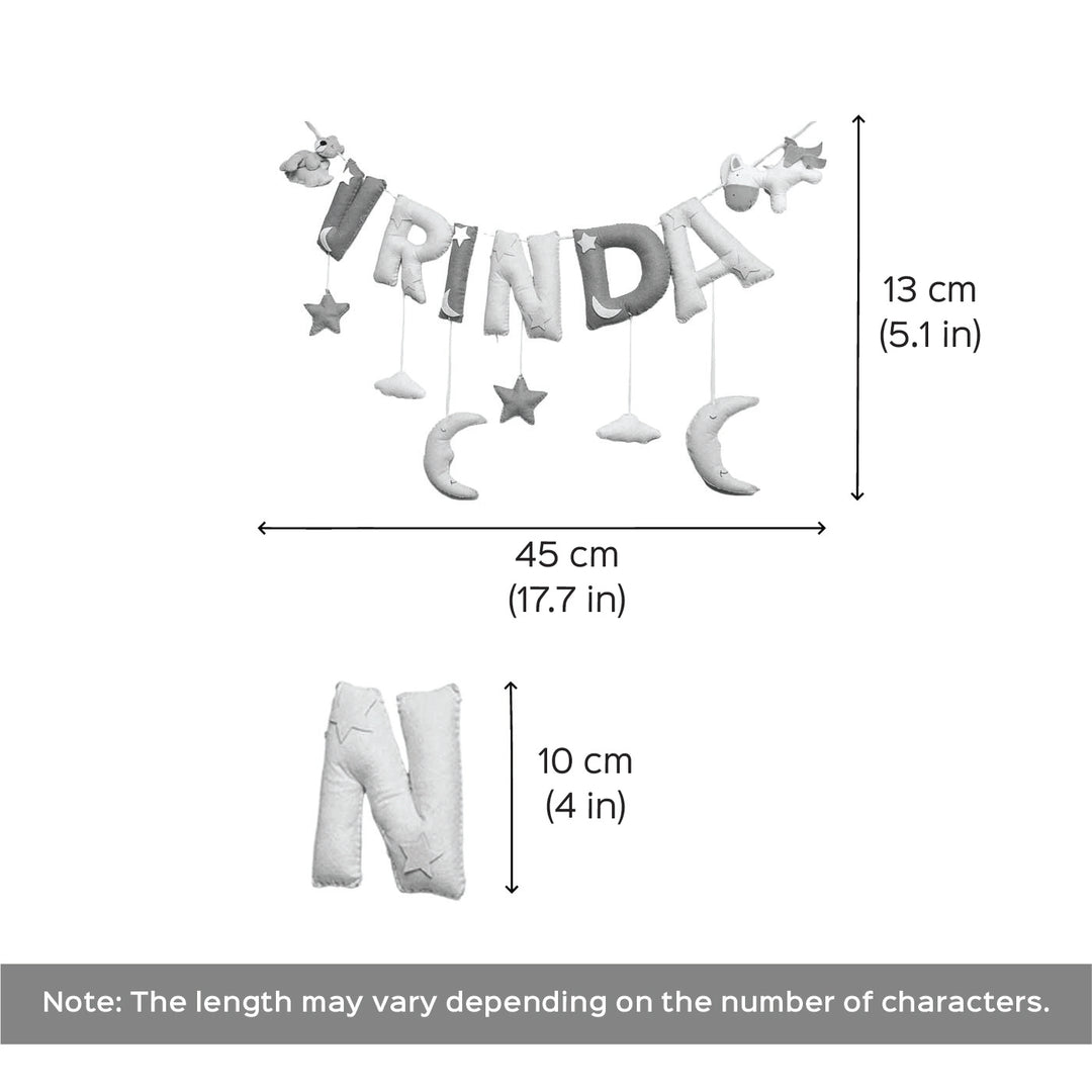 Handcrafted Personalized Mermaid Themed Bunting For Kids - Dimension Chart with Name Example