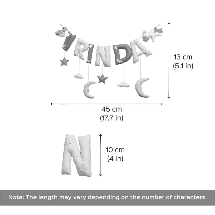 Handcrafted Personalized Mermaid Themed Bunting For Kids - Dimension Chart with Name Example